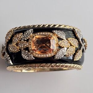 Gold Plated Crystal Cuff Bracelet Black Enamel Style HEAVY Wide Magnetic Closure